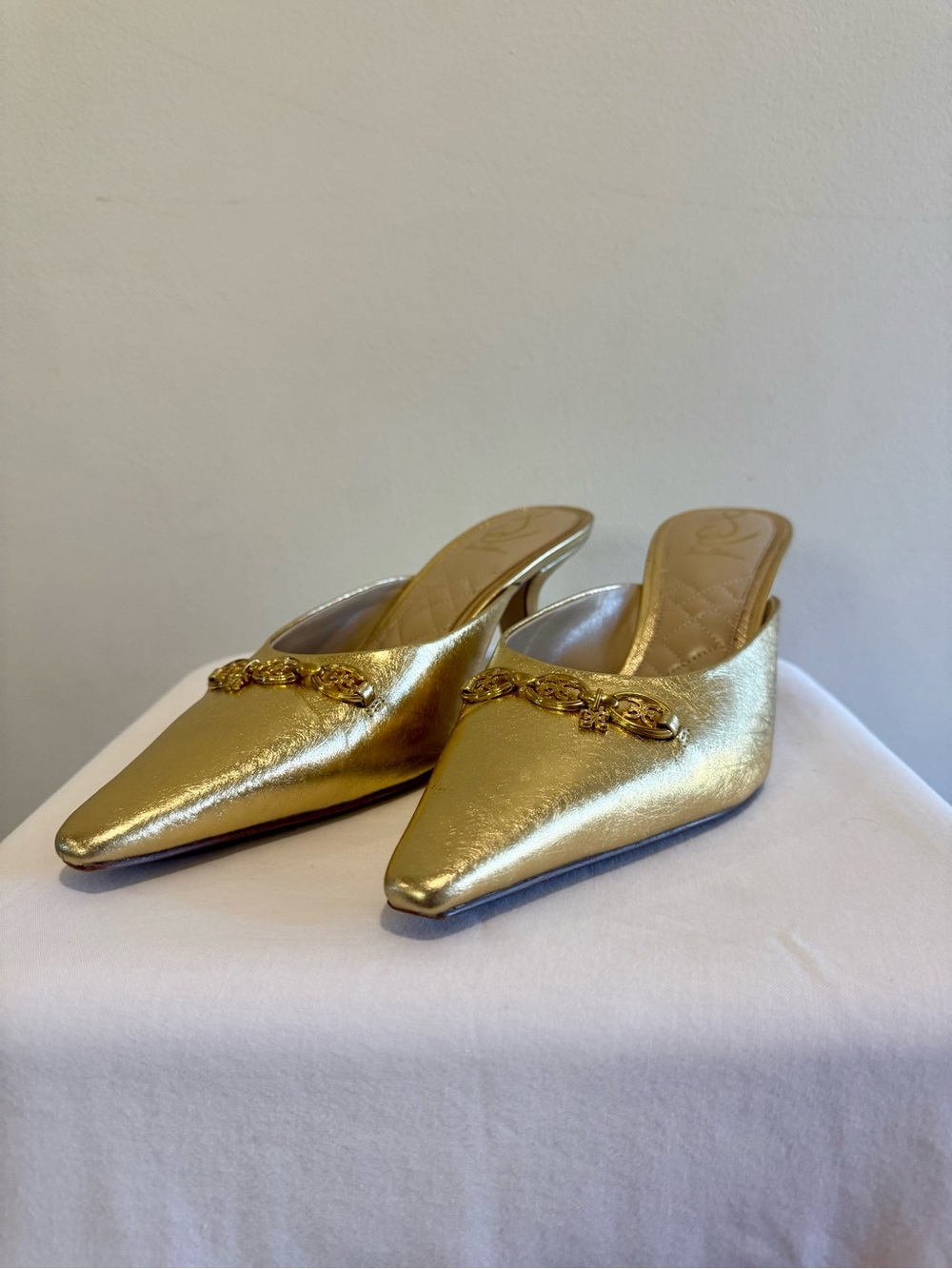 Sam Edelman Gold Pointed Mule Heels with Chain Accent